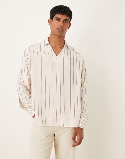 ASOS DESIGN oversized striped shirt with open collar in beige - view 1