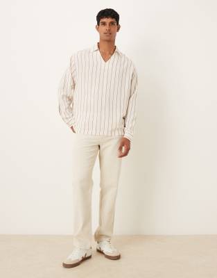 Asos Design Oversized Striped Shirt With Open Collar In Neutral