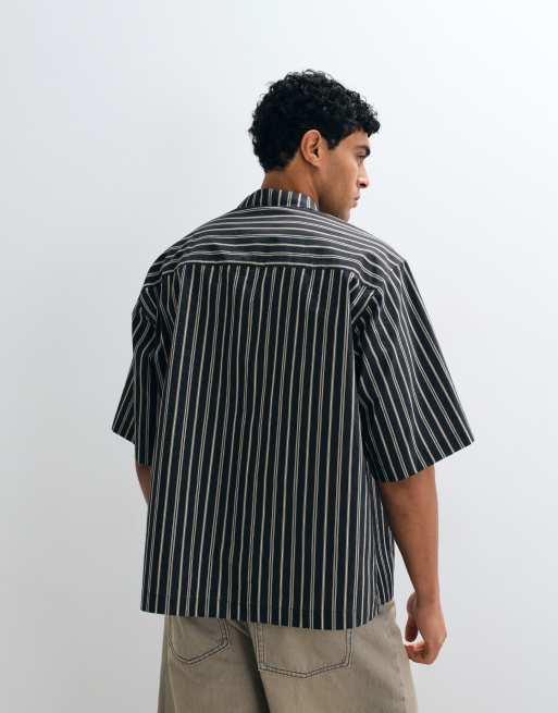ASOS DESIGN oversized striped shirt with placket detail and badge in black, 4 of 5