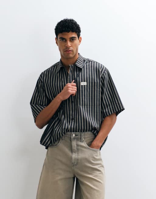 ASOS DESIGN oversized striped shirt with placket detail and badge in black, 5 of 5