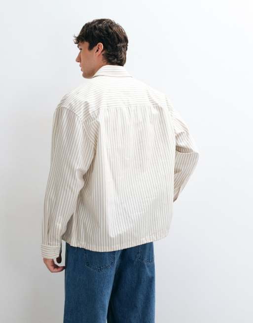 ASOS DESIGN oversized striped shirt with toggle hem detailing in off white, 4 of 5