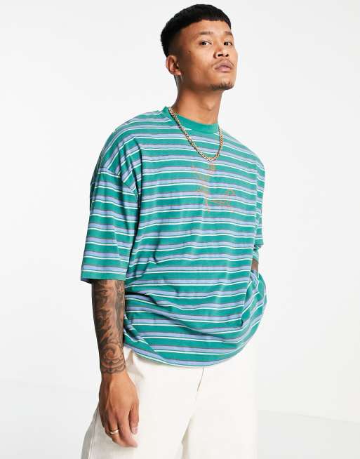 ASOS DESIGN oversized striped t shirt in blue with front bird embroidery MGREEN