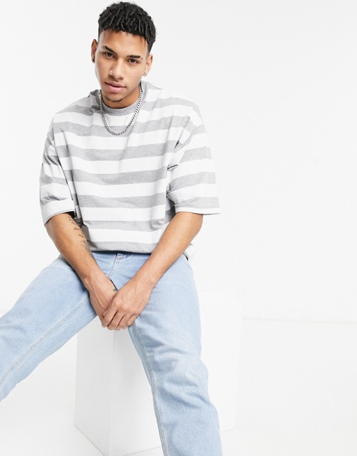 ASOS DESIGN oversized striped t-shirt in grey marl & white