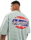 [ASOS DESIGN] ASOS DESIGN oversized striped t-shirt with chest and back print in sage and white-Green 3XL Sea spray