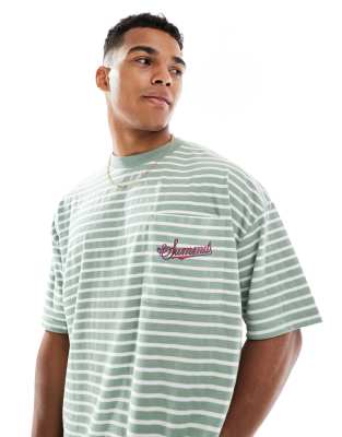 Asos Design Oversized Striped T-shirt With Chest And Back Prints In Green