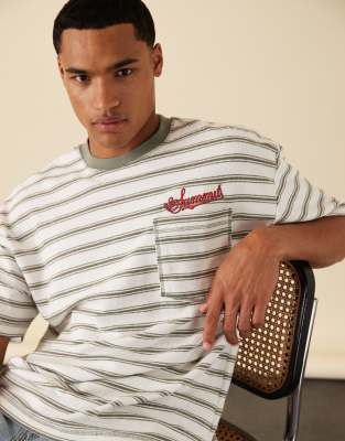 Asos Design Oversized Striped T-shirt With Chest Embroidery In White