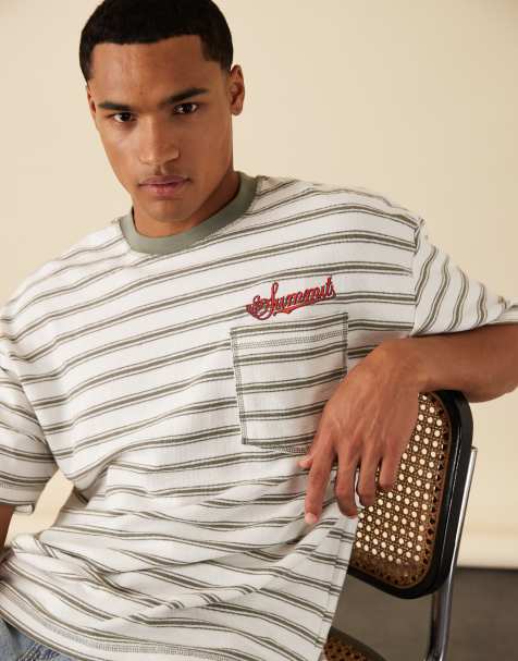 ASOS DESIGN oversized striped t-shirt with chest embroidery in black and white - view 1