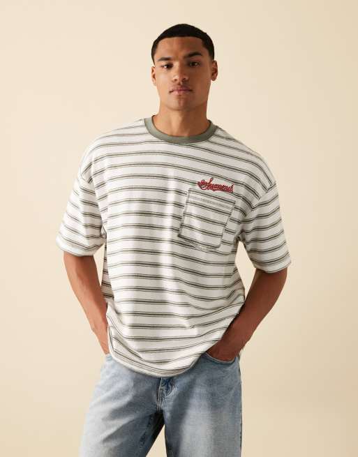 ASOS DESIGN oversized striped t-shirt with chest embroidery in black and white, 5 of 5