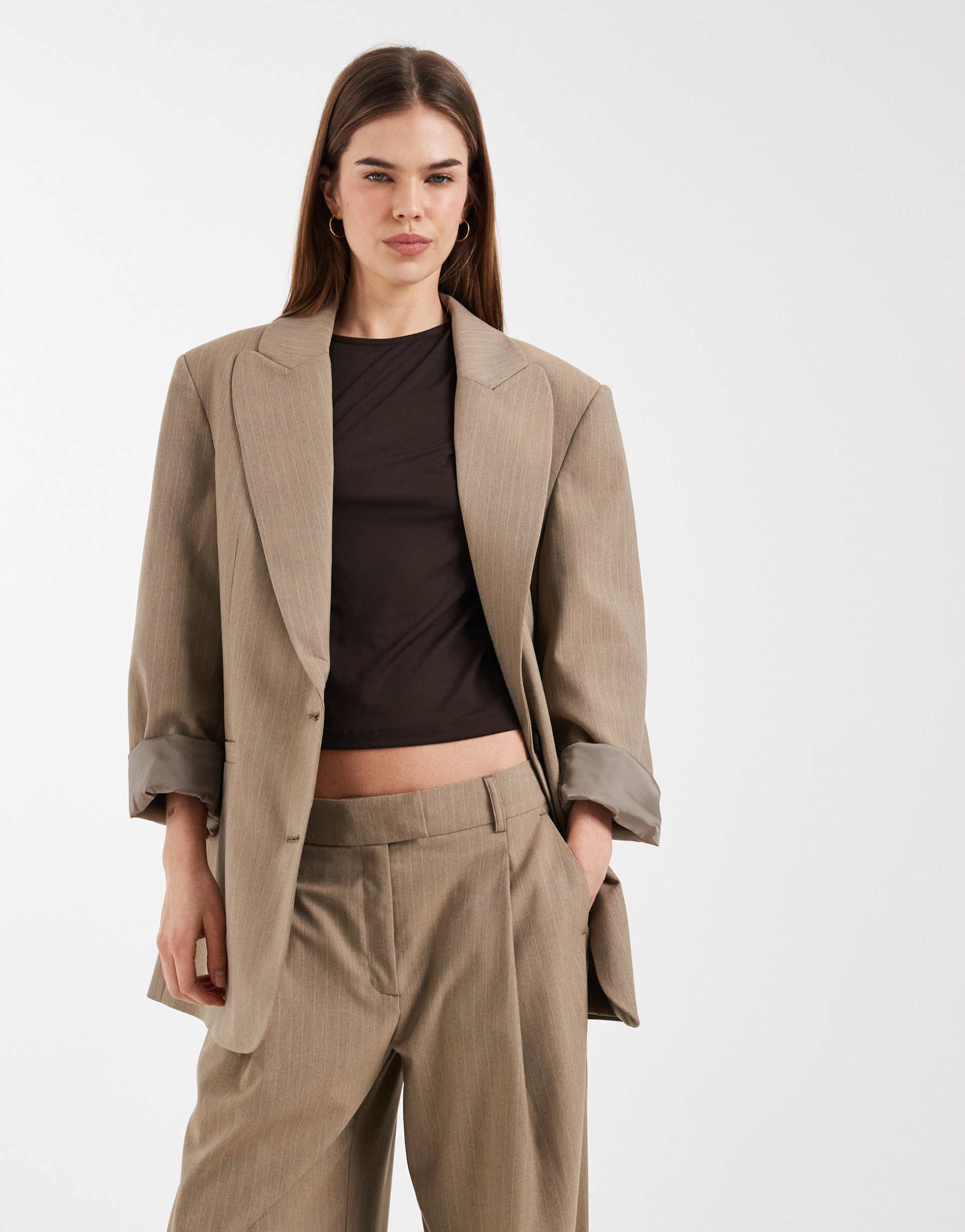ASOS DESIGN oversized strong shoulder blazer in Taupe Stripe