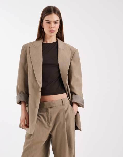  ASOS DESIGN oversized strong shoulder blazer in Taupe Stripe