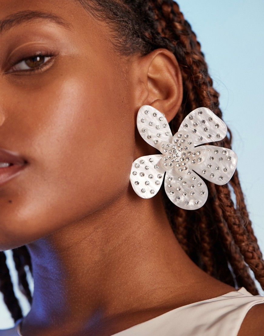 ASOS DESIGN oversized stud earrings with floral crystal design in white