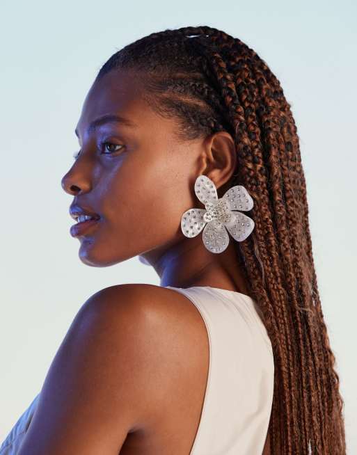 ASOS DESIGN oversized stud earrings with floral crystal design in white ASOS