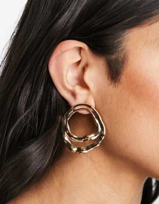 ASOS DESIGN oversized stud earrings with hammered hoop design in gold tone | ASOS