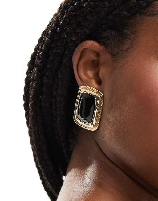 ASOS DESIGN oversized stud earrings with vintage look black enamel detail in gold tone, 3 of 4