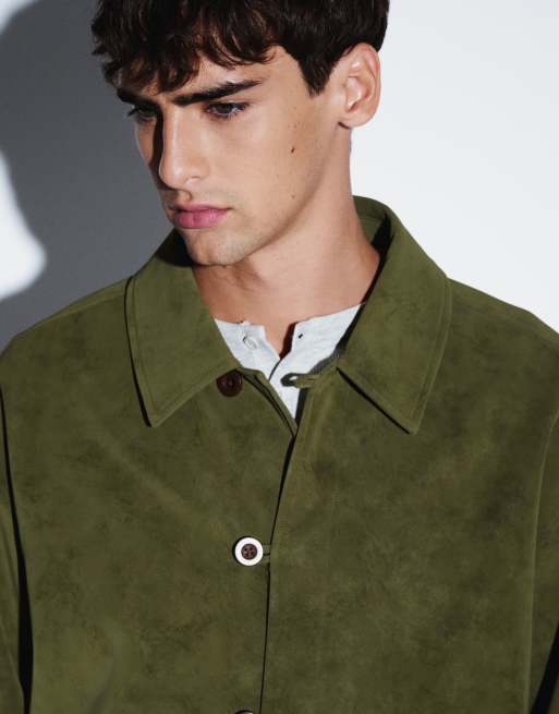 ASOS DESIGN oversized suede harrington jacket in green, 3 of 9