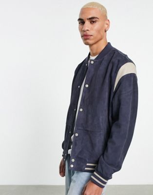 ASOS DESIGN oversized suede varsity bomber jacket in navy with white sleeve tipping