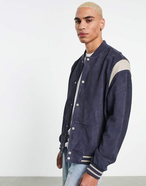 ASOS DESIGN oversized varsity bomber jacket in navy with faux leather  sleeves