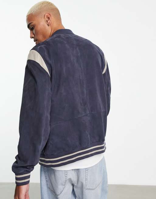 ASOS DESIGN varsity bomber jacket in navy