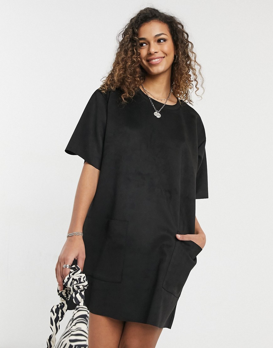 ASOS DESIGN oversized suedette t-shirt dress with pocket detail in black