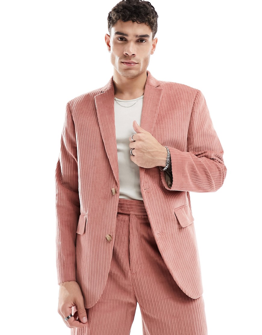 ASOS DESIGN oversized suit jacket in coral pink cord-Orange