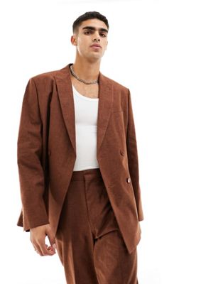 Asos Design Slim Suit Jacket In Chocolate Slubby Texture-brown