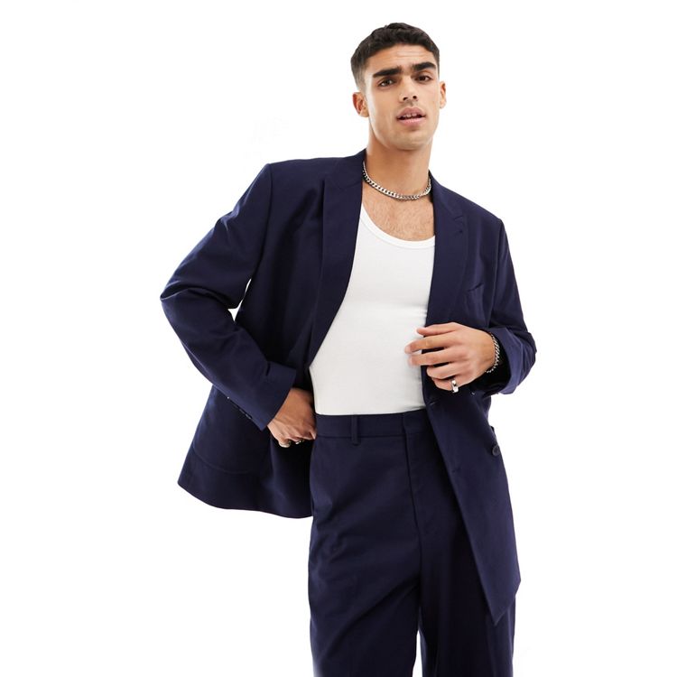 ASOS DESIGN oversized suit jacket in slubby texture in navy
