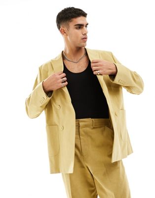 Shop Asos Design Oversized Suit Jacket In Slubby Texture In Stone-neutral