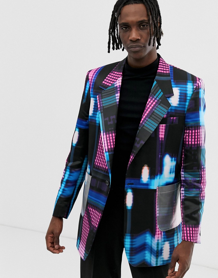 ASOS DESIGN oversized suit jacket with bright check and pocket detail-Pink