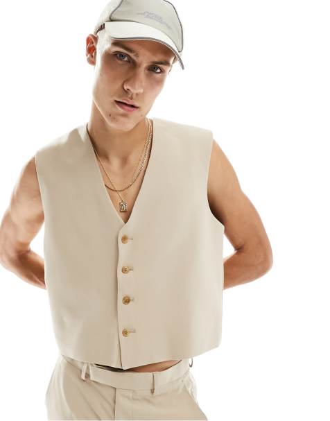 ASOS DESIGN oversized suit waistcoat in stone - view 1