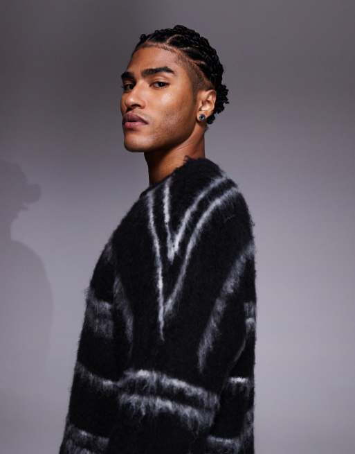 ASOS DESIGN oversized super fluffy knit sweater in black and white stripe