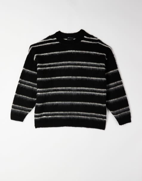 ASOS DESIGN oversized super fluffy knitted jumper in black and ecru stripes - view 1