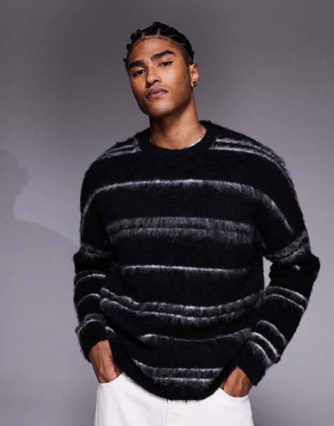 ASOS DESIGN oversized super fluffy knitted jumper in black and white stripes - view 1