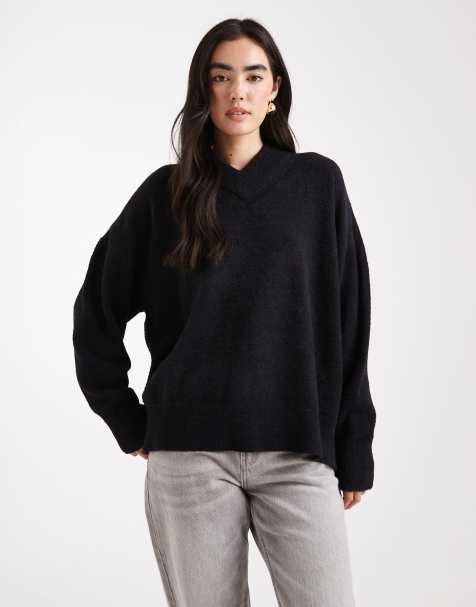 ASOS DESIGN oversized super soft v neck jumper in black - view 1