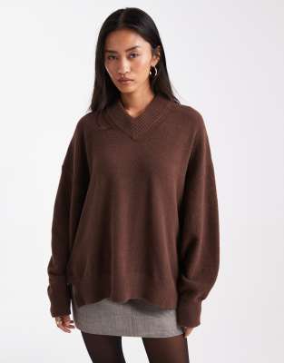 Asos Design Oversized Super Soft V Neck Sweater In Brown