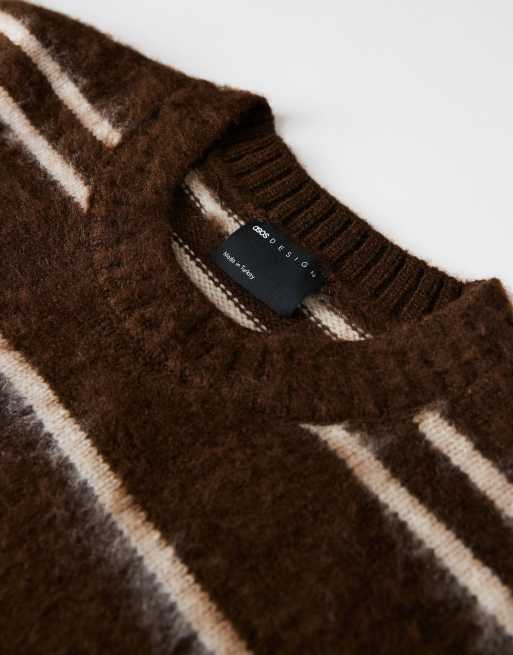 ASOS DESIGN - Oversized superpluizige gebreide trui met strepen in bruin en ecru, 2 van 5