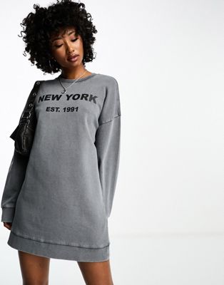 ASOS DESIGN oversized sweat dress with New York graphic in charcoal