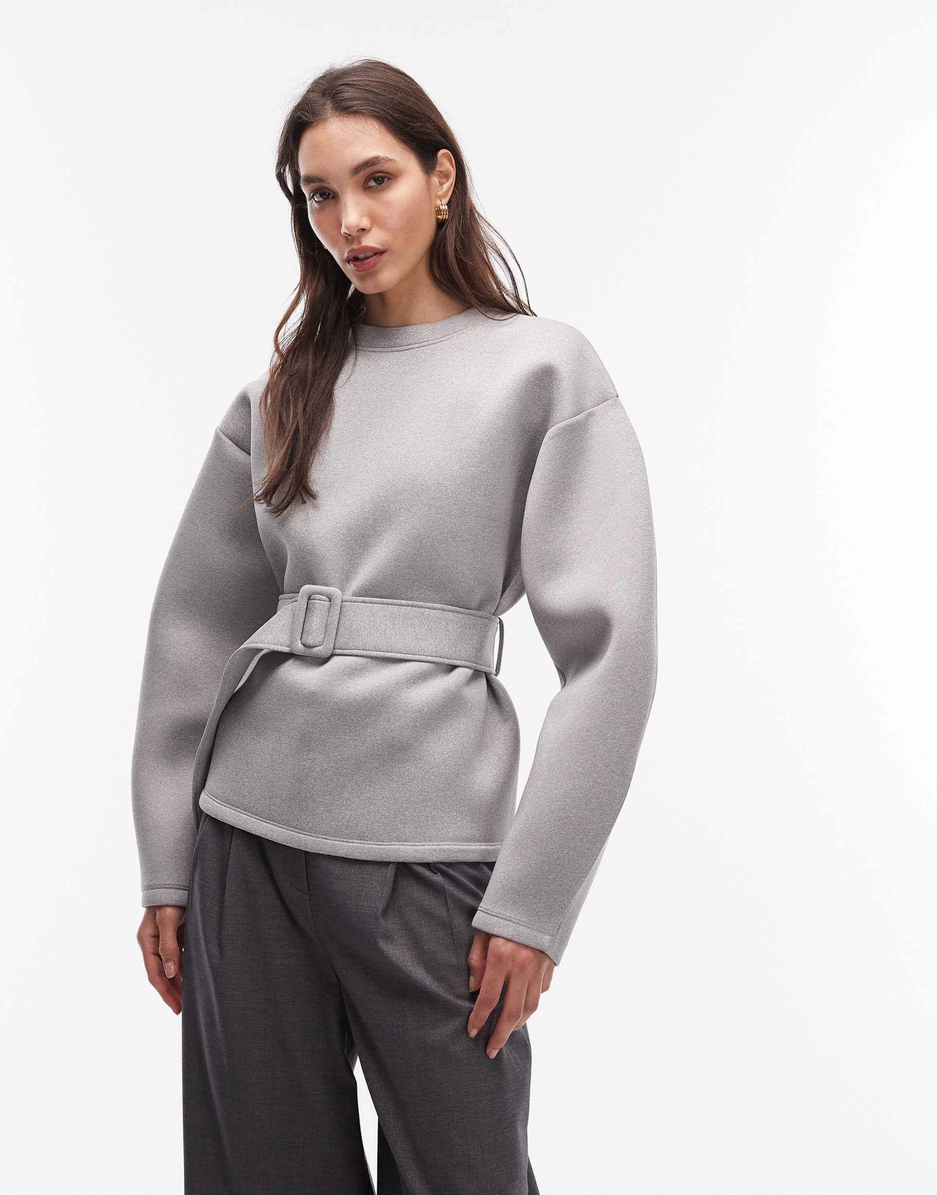 asos design oversized sweat in bonded style fabric with cinch belt detail in gray heather