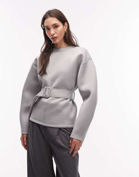 ASOS DESIGN oversized sweat in bonded style fabric with cinch belt detail in grey marl