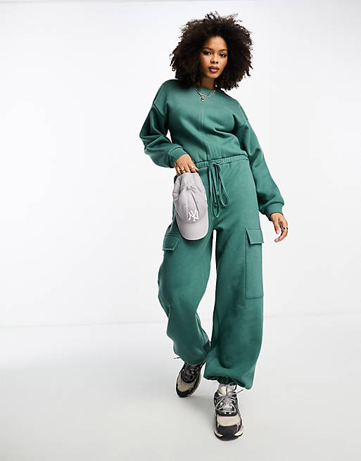 ASOS DESIGN oversized sweat jumpsuit with pockets in khaki | ASOS