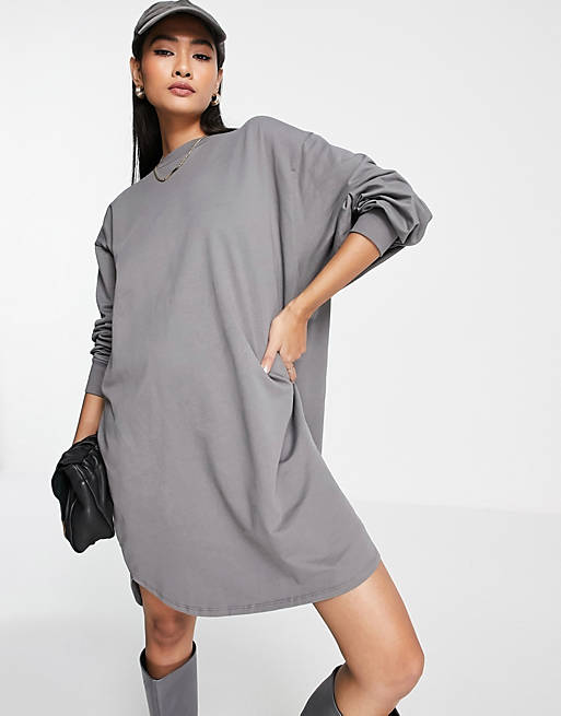 Women oversized sweat smock back dress in charcoal grey 