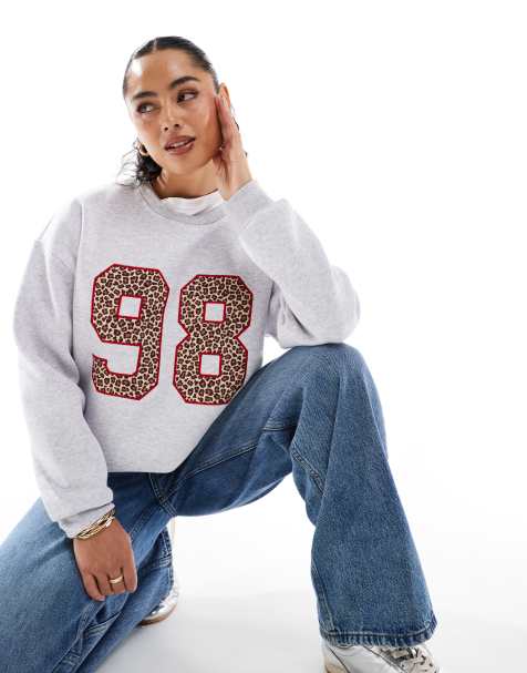 ASOS DESIGN oversized sweat with contrast stitch leopard number applique in grey marl - view 1
