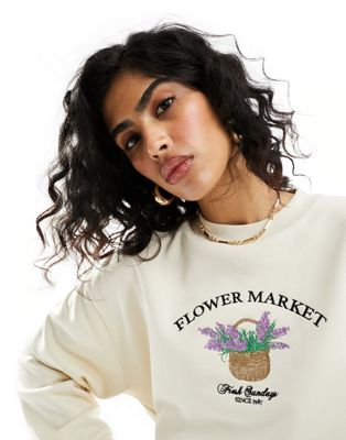 ASOS DESIGN oversized sweat with embroidered flower market graphic in white