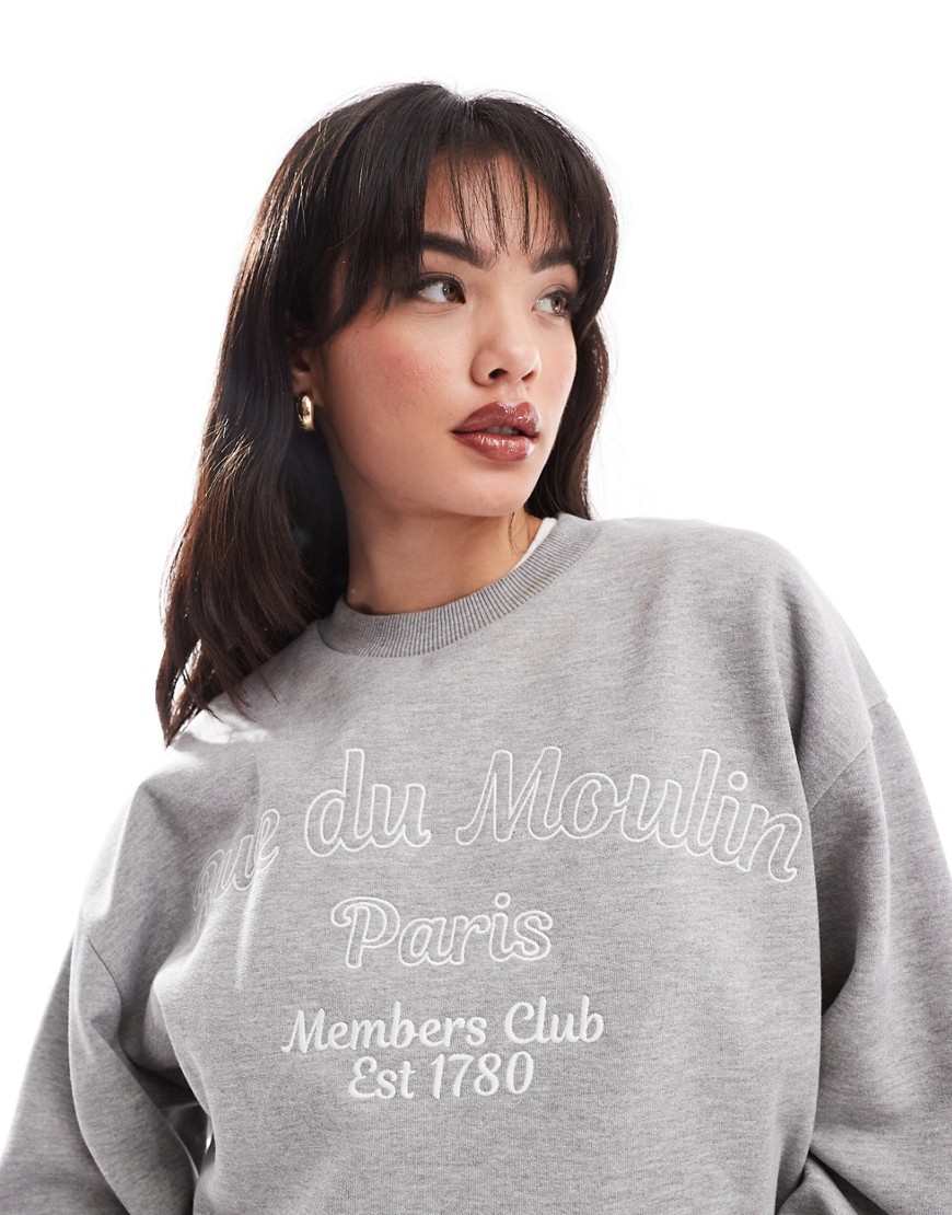ASOS DESIGN oversized sweat with high build embroidered rue de moulin graphic in grey marl