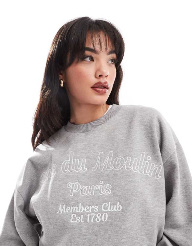 ASOS DESIGN - oversized sweat with high build embroidered rue de moulin graphic in grey marl