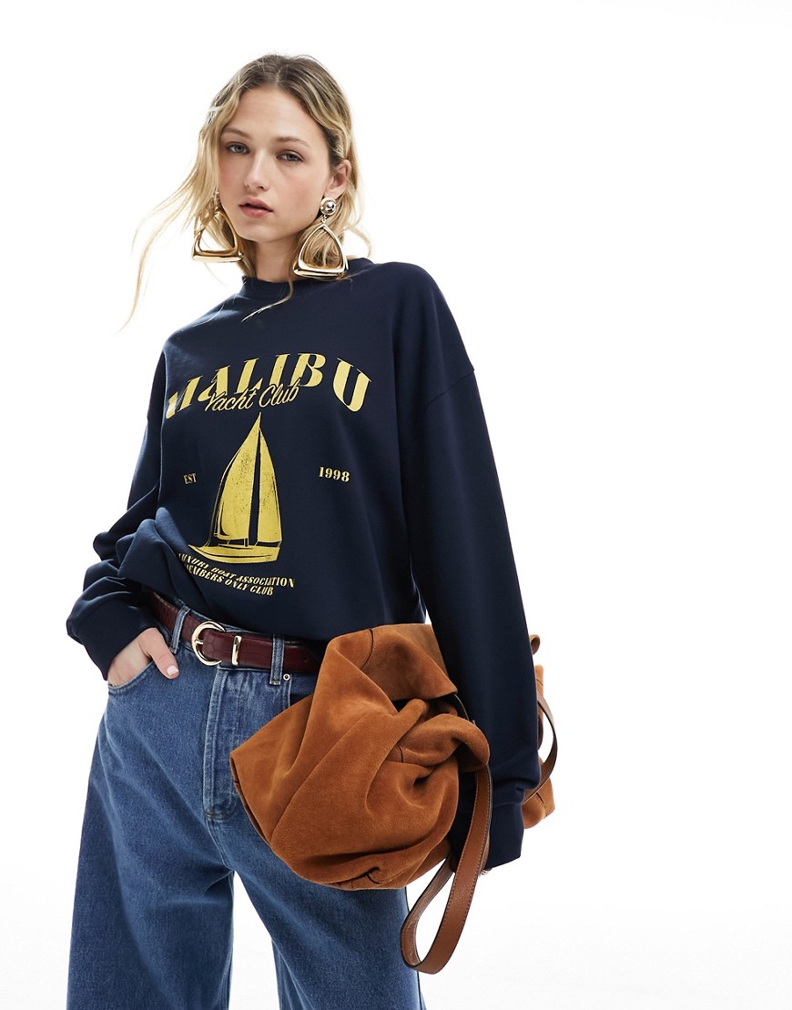 ASOS DESIGN oversized sweat with malibu yacht graphic in navy