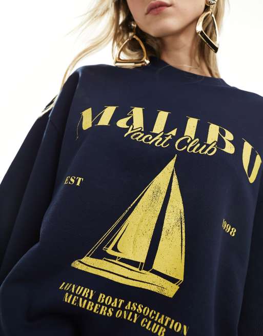 ASOS DESIGN oversized sweat with malibu yacht graphic in navy, 3 of 4