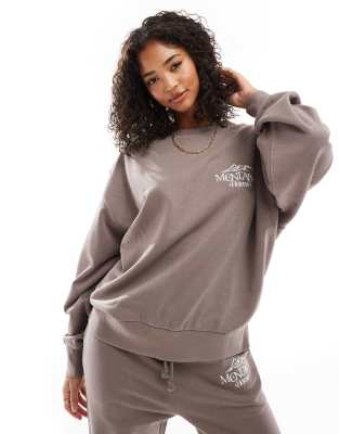 Asos Design Oversized Sweat With Montana Embroidered Graphic In Mushroom - Part Of A Set-neutral