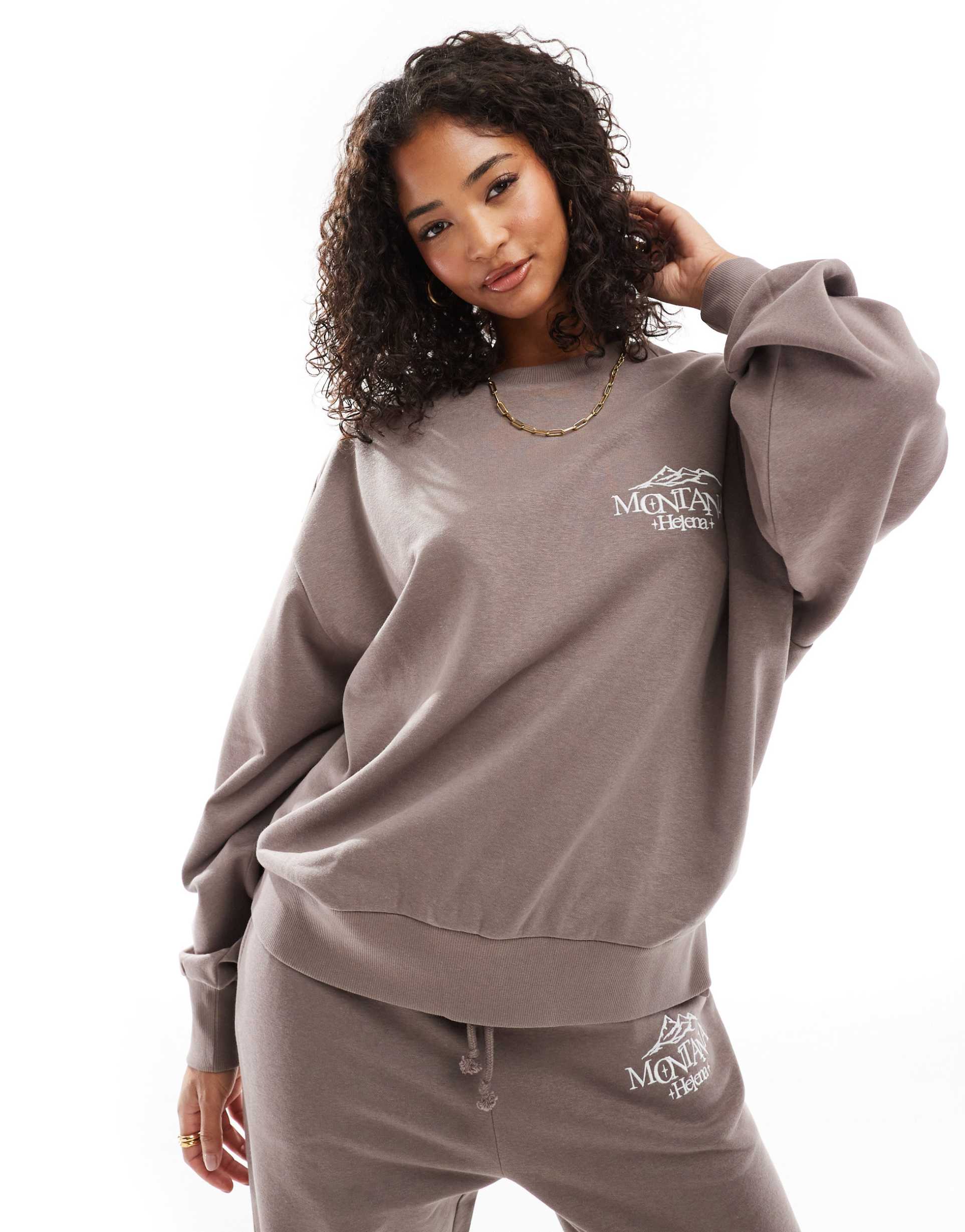 asos design oversized sweat with montana embroidered graphic in mushroom - part of a set