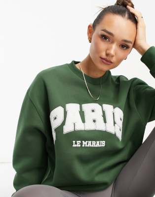 Asos Design Oversized Sweat With Paris Graphic In Green ModeSens