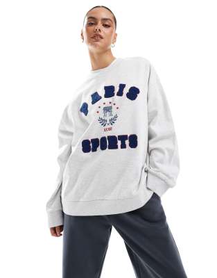Asos Design Oversized Sweat With Paris Graphic In Ice Heather-neutral